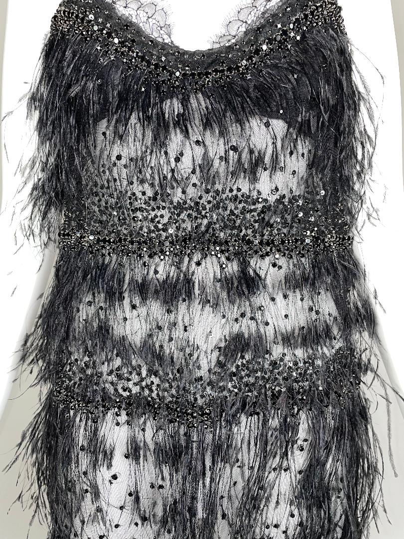 S/S 2006 Roberto Cavalli Runway Sheer Black Mesh & Lace Feather & Crystal Embellished Mini Dress