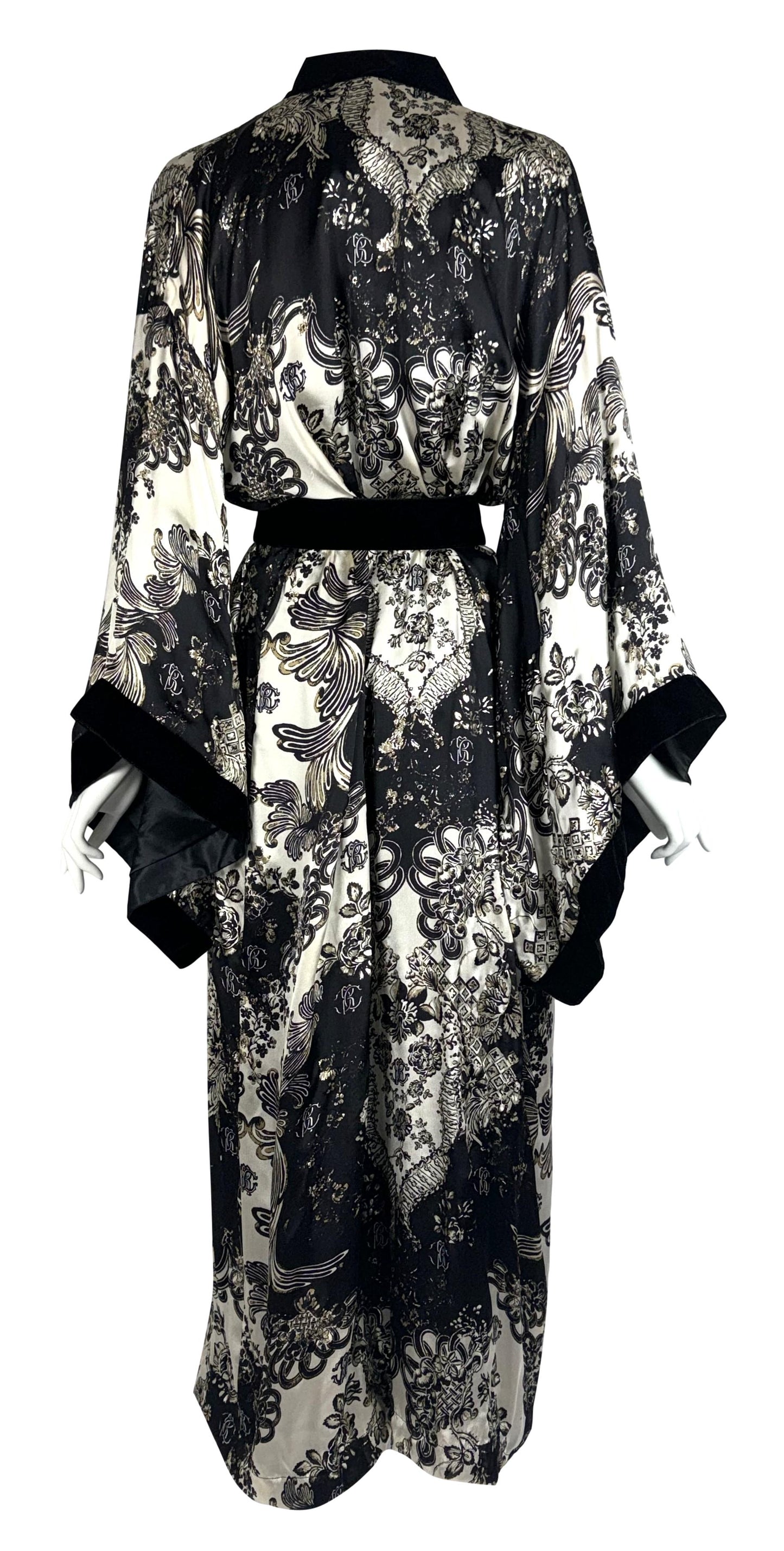 2007 Roberto Cavalli Black Ivory & Gold Silk & Velvet Kimono Jacket Robe
