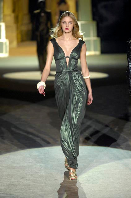 F/W 2007 Roberto Cavalli Runway Cleopatra Egyptian Plunge V-Neck Copper Fitted Maxi Dress