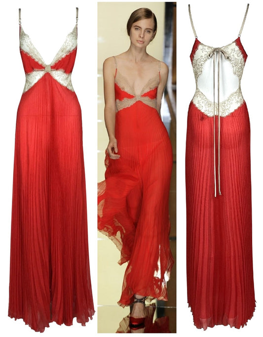 S/S 2007 Gianfranco Ferre Runway Sheer Red Silk & Lace Cut-Out Maxi Slip Dress