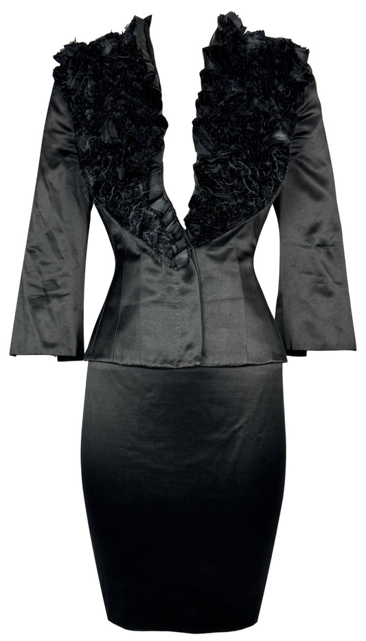 2007 Alexander McQueen Classy Black Satin Plunging Fitted Ruffle Chest Skirt Suit Set