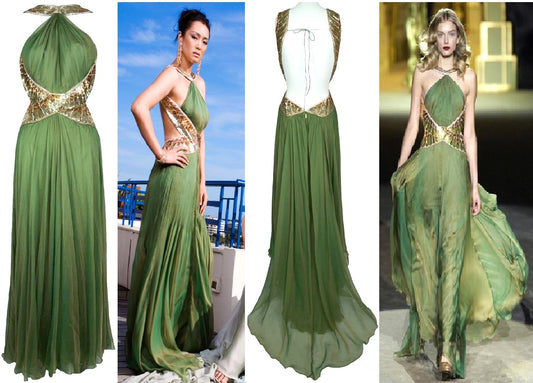 F/W 2007 Roberto Cavalli Runway Green & Gold Embellished Backless 1940's Old Hollywood Vixen Gown Dress