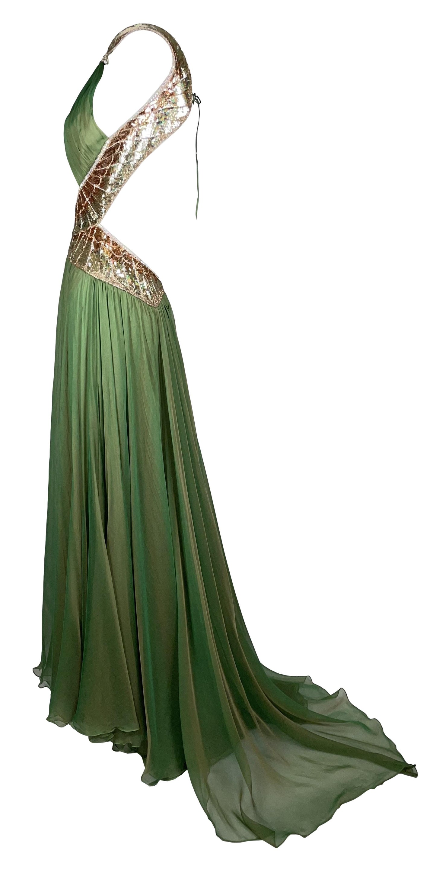 F/W 2007 Roberto Cavalli Runway Green & Gold Embellished Backless 1940's Old Hollywood Vixen Gown Dress