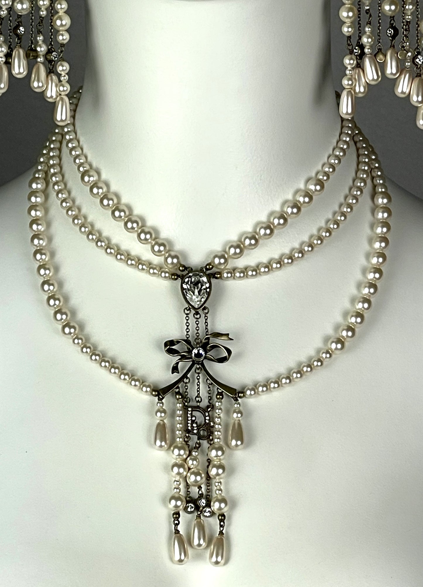 S/S 2007 Christian Dior by John Galliano Haute Couture Runway Large Gold Pearl Bow Chandelier Earrings & Necklace Set