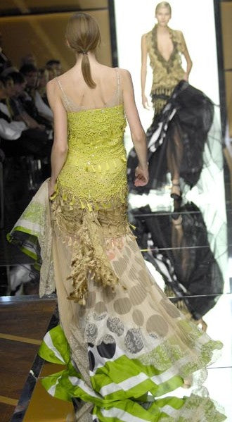 S/S 2007 Gianfranco Ferre Runway Lime Green Spanish Flamenco Fringe Tassel & Lace Gown Dress