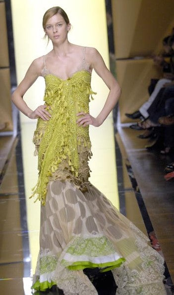 S/S 2007 Gianfranco Ferre Runway Lime Green Spanish Flamenco Fringe Tassel & Lace Gown Dress