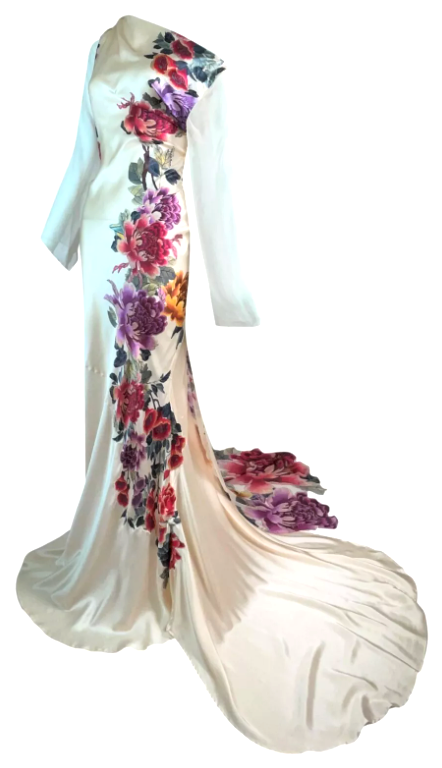S/S 2007 Roberto Cavalli Chinoiserie Floral Ivory Silk Kimono Style Long Sleeve Gown Dress w Train