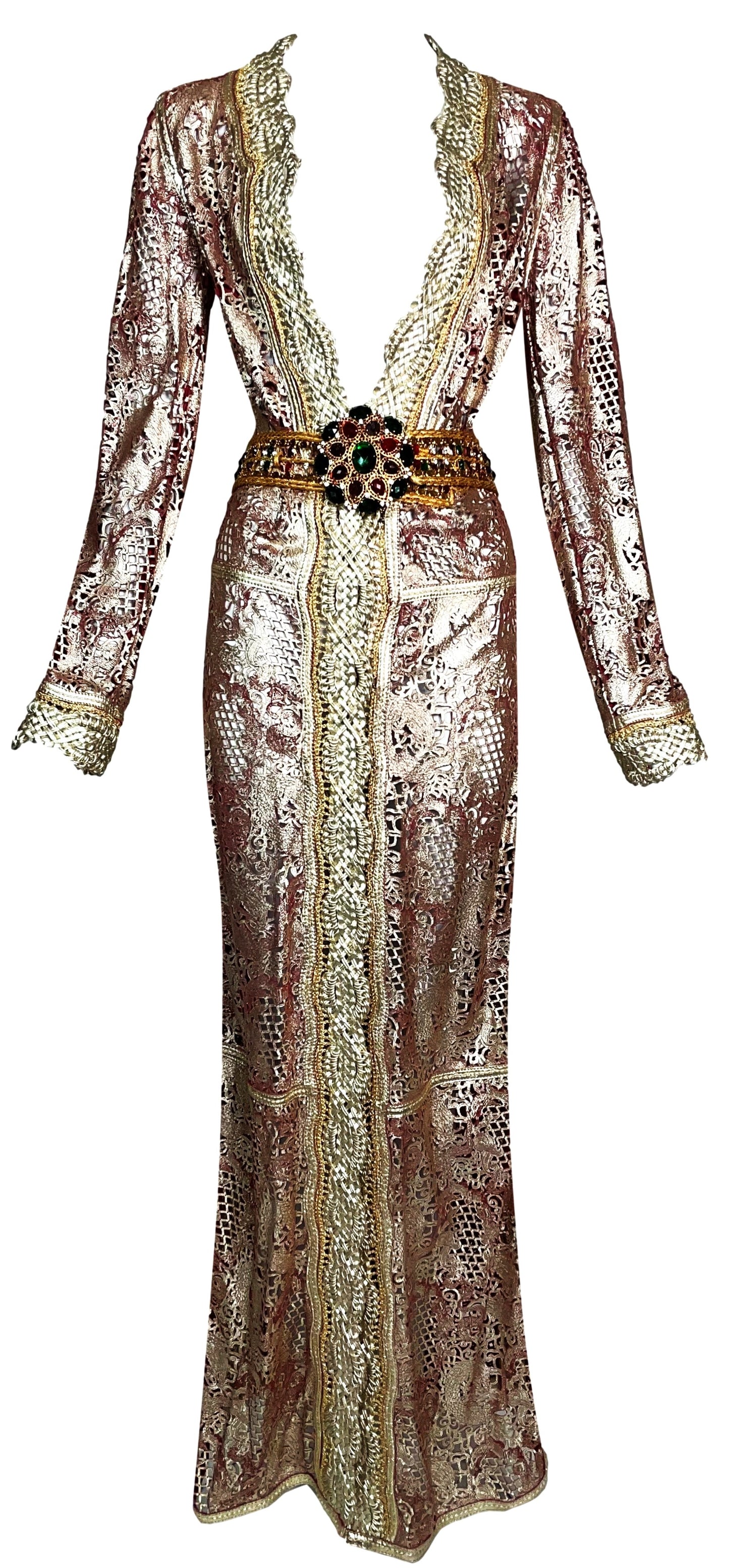 NWT S/S 2007 Roberto Cavalli Runway Chinoiserie Dragon Gold & Red Leather Maxi Dress Coat & Metal Jeweled Belt