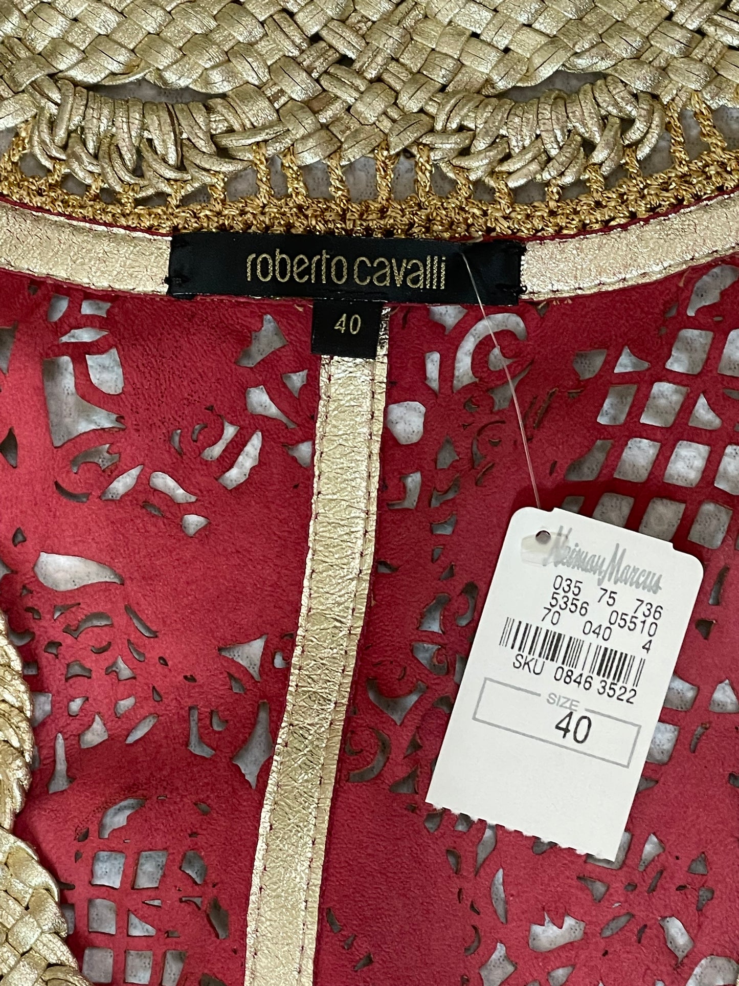 NWT S/S 2007 Roberto Cavalli Runway Chinoiserie Dragon Gold & Red Leather Maxi Dress Coat & Metal Jeweled Belt