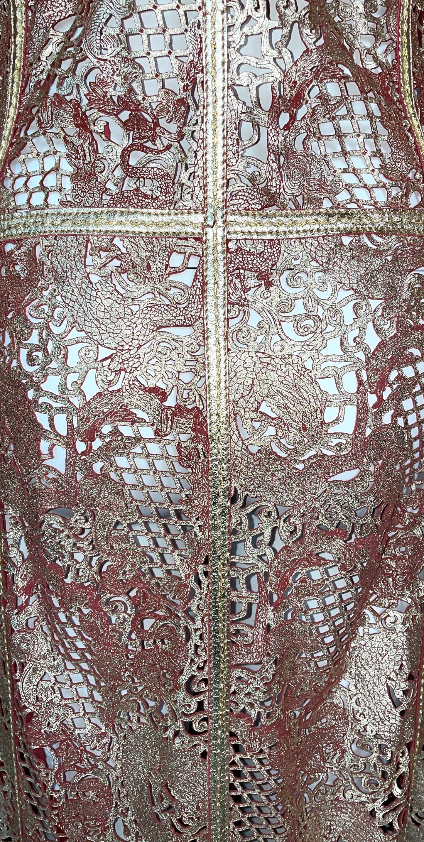 NWT S/S 2007 Roberto Cavalli Runway Chinoiserie Dragon Gold & Red Leather Maxi Dress Coat & Metal Jeweled Belt
