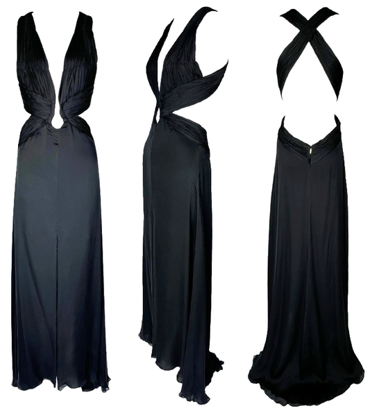 S/S 2007 Roberto Cavalli Runway Black Plunging 1970's Style Cut-Out Maxi Dress