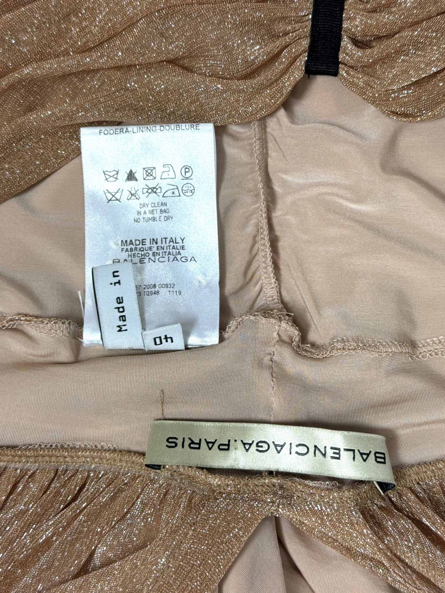 2008 Balenciaga by Nicolas Ghesquière Sheer Nude & Gold Ruched Mini Dress