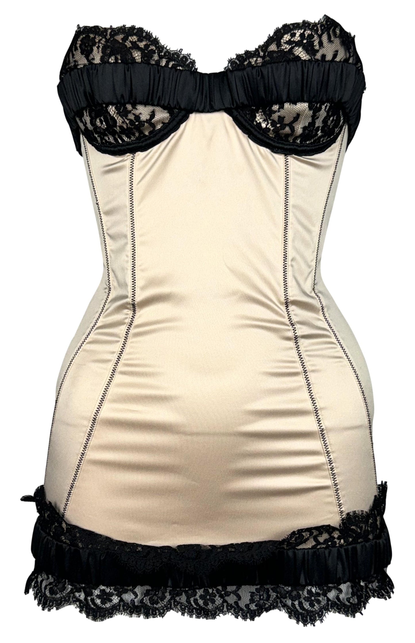 F/W 2008 Dsquared2 Runway Pin-up Stretch Champagne Satin & Black Lace Strapless Mini Dress