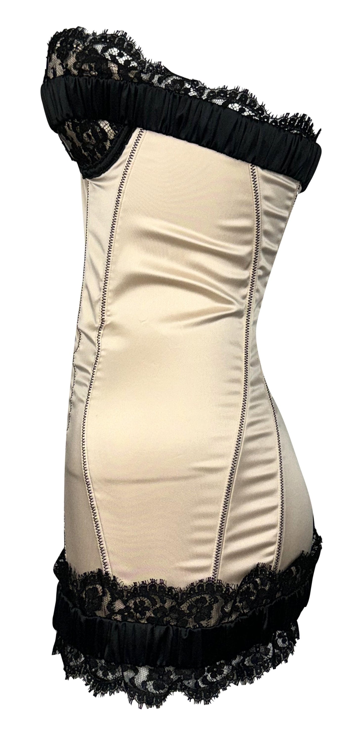 F/W 2008 Dsquared2 Runway Pin-up Stretch Champagne Satin & Black Lace Strapless Mini Dress