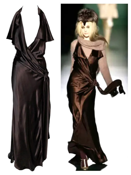 F/W 2008 Jean Paul Gaultier Runway Brown Satin Plunging Wrap Gown Dress
