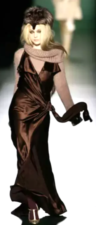 F/W 2008 Jean Paul Gaultier Runway Brown Satin Plunging Wrap Gown Dress