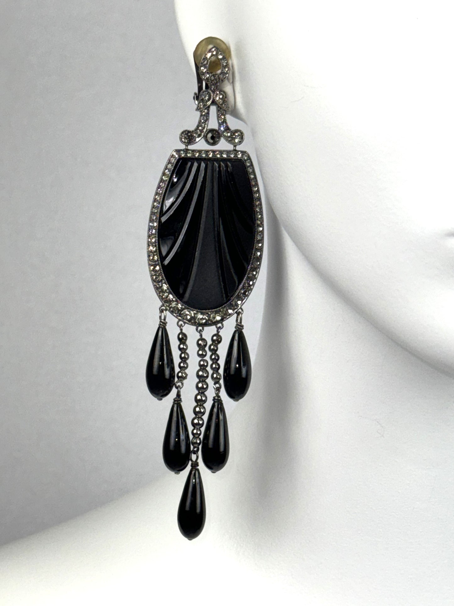 S/S 2008 Christian Dior by John Galliano Runway 20's Art Deco Style Large Onyx Earrings & Ring Set