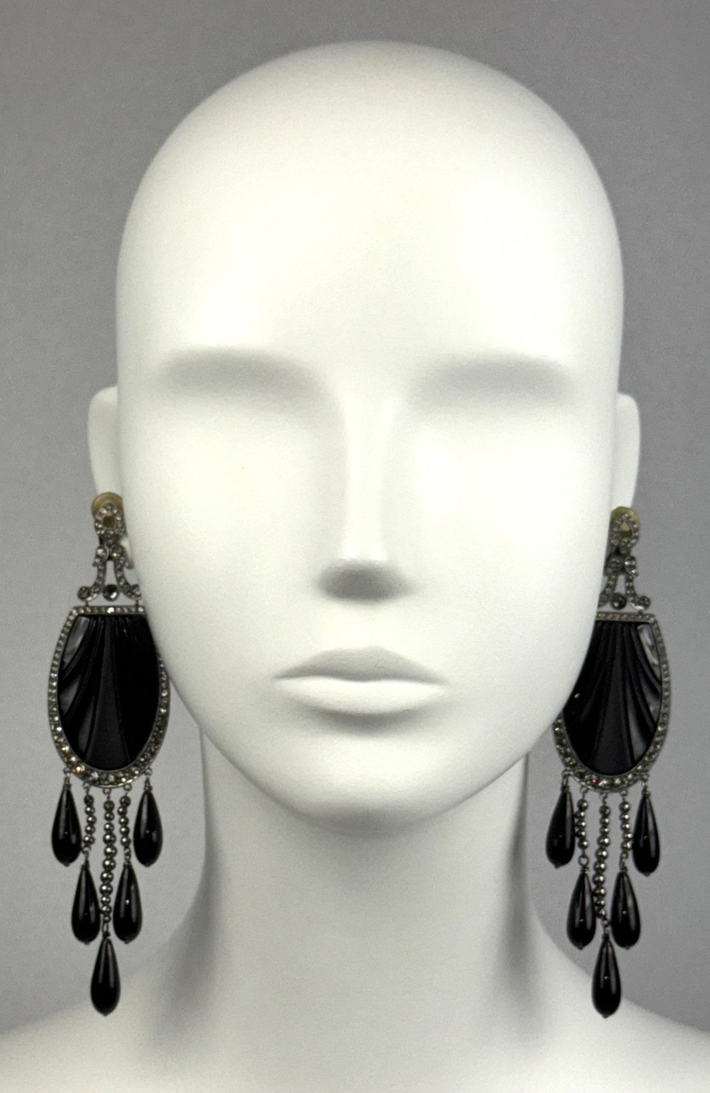 S/S 2008 Christian Dior by John Galliano Runway 20's Art Deco Style Large Onyx Earrings & Ring Set