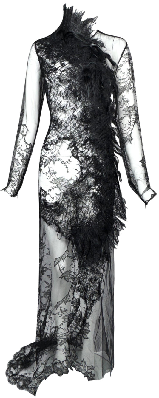 2009 Alexander McQueen RARE Sheer Black Lace Victorian Goth Fur Trim Gown Dress