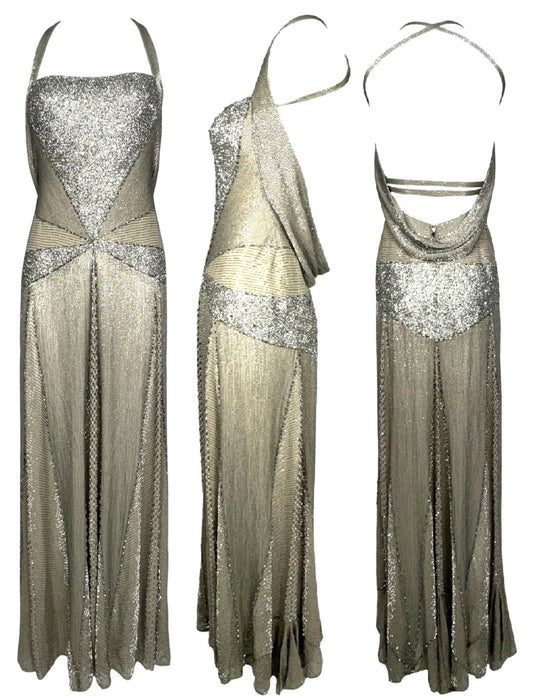 2009 Gianfranco Ferre 1940's Style Fully Beaded Old Hollywood Halter Maxi Gown Dress
