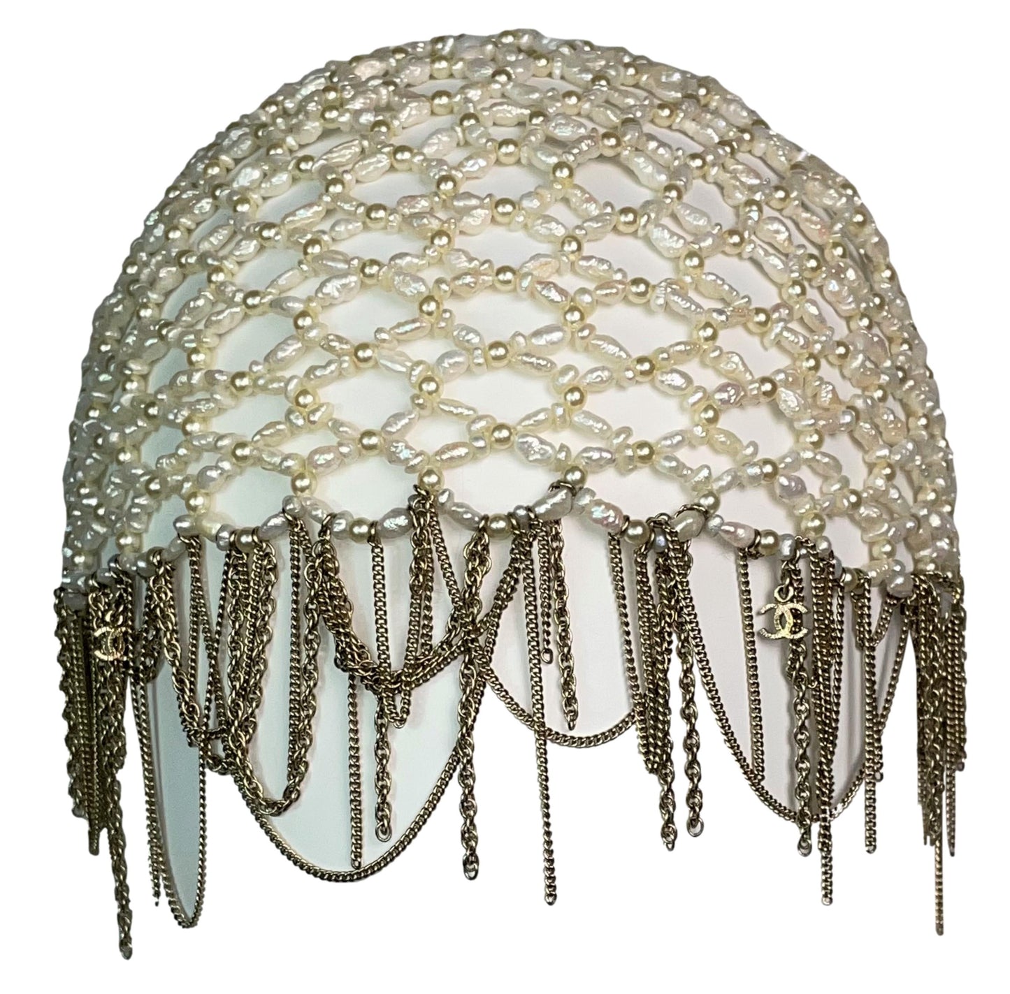 Pre-Fall 2009 Chanel by Karl Lagerfeld Runway 20's Flapper Pearl Chain Logo Hat Cap