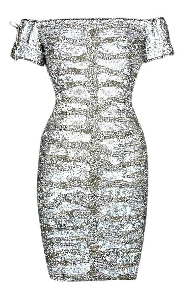 Roberto Cavalli Couture Numbered Crystal Chainmail Beaded Corset Off Shoulder Mini Dress