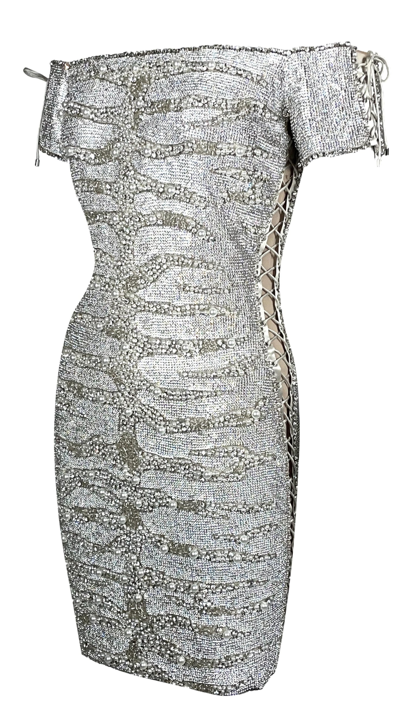 Roberto Cavalli Couture Numbered Crystal Chainmail Beaded Corset Off Shoulder Mini Dress