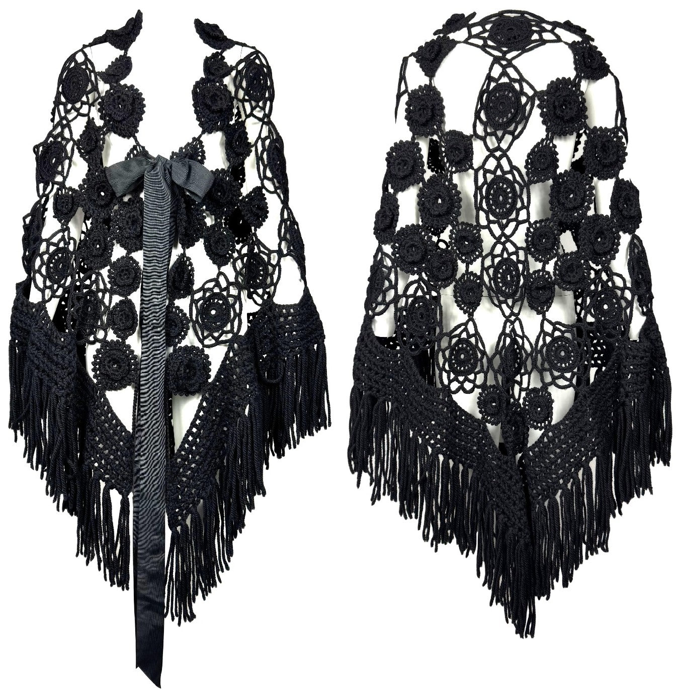 2009 Roberto Cavalli Black Crochet Boho Chic Floral Large Bow Poncho Shawl Wrap