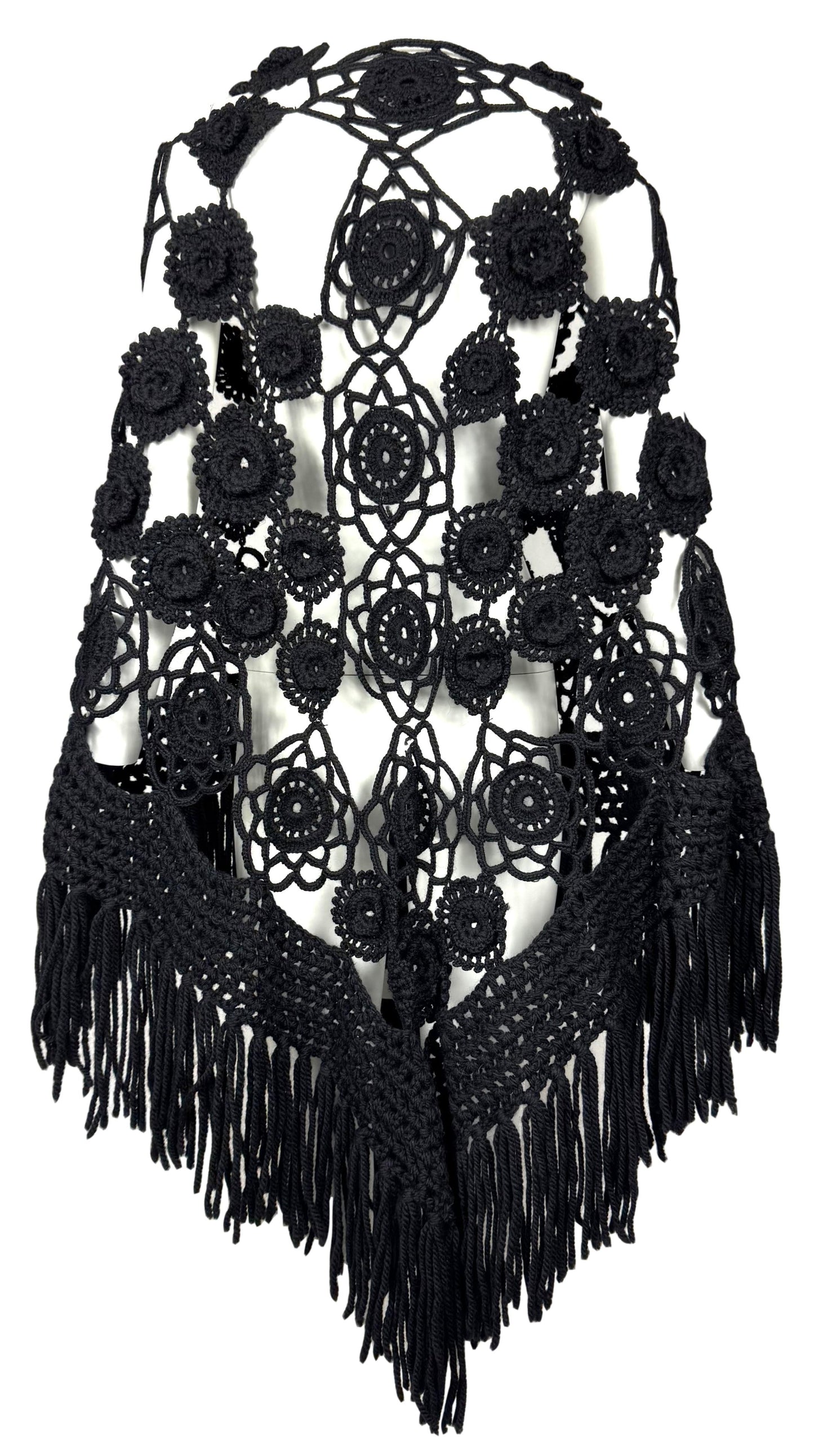 2009 Roberto Cavalli Black Crochet Boho Chic Floral Large Bow Poncho Shawl Wrap