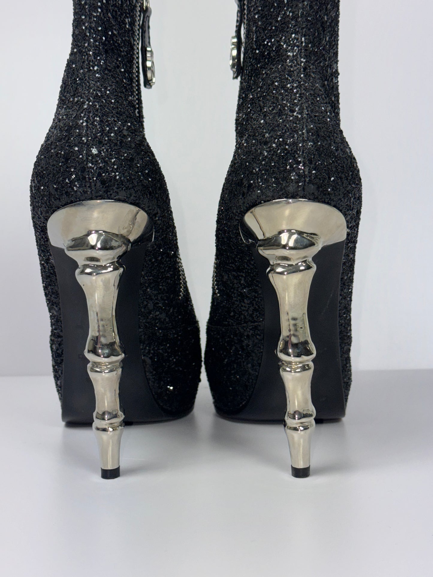 F/W 2010 Dsquared2 Runway Black Glitter Silver Spine High Heel Boots 39 8.5