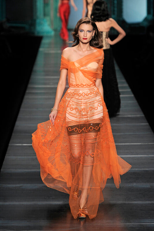 S/S 2010 Christian Dior x John Galliano Sheer Gold Lurex "Chainmail" 1940's Old Hollywood Off Shoulder Wiggle Mermaid Gown Dress
