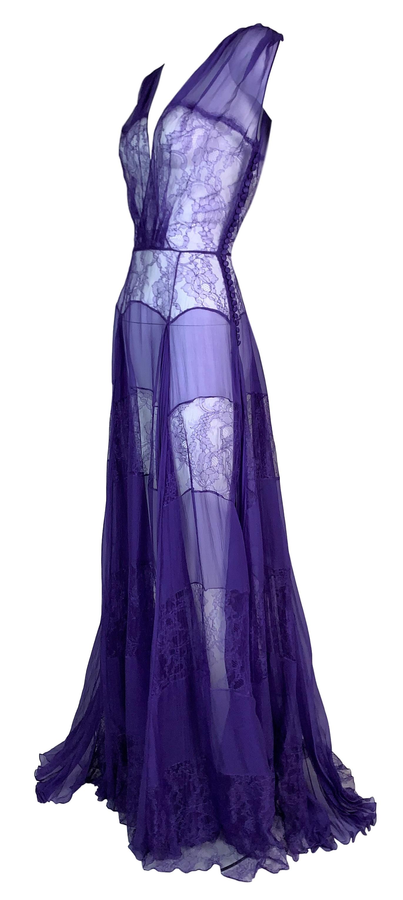 S/S 2010 Christian Dior by John Galliano 1940's Old Hollywood Style Runway Sheer Purple Silk Lace Gown Dress