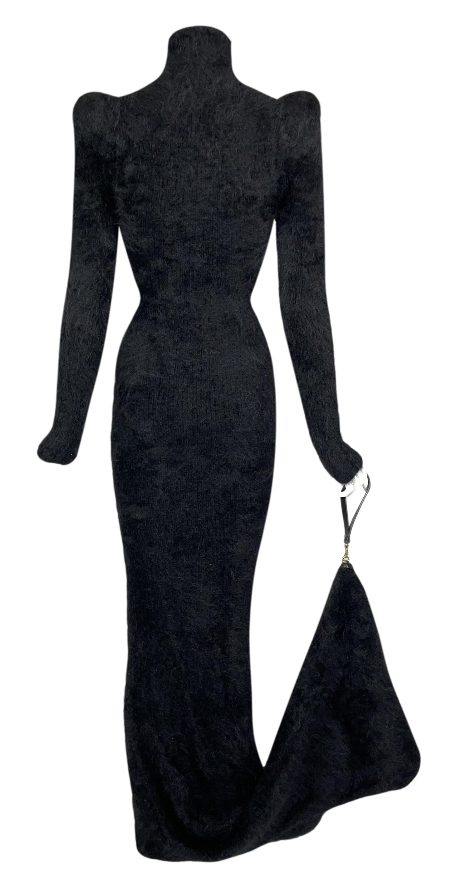 F/W 2011 Dsquared2 Fuzzy Black Plunging Cut-Out Bodycon Wiggle Gown Dress w Long Train