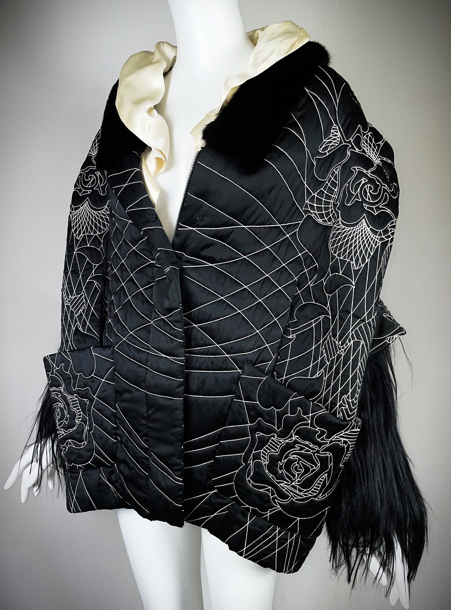 F/W 2011 John Galliano Runway RARE Japanese Embroidered Tattoo Black Silk Puffer Mink & Yak Fur Coat Jacket
