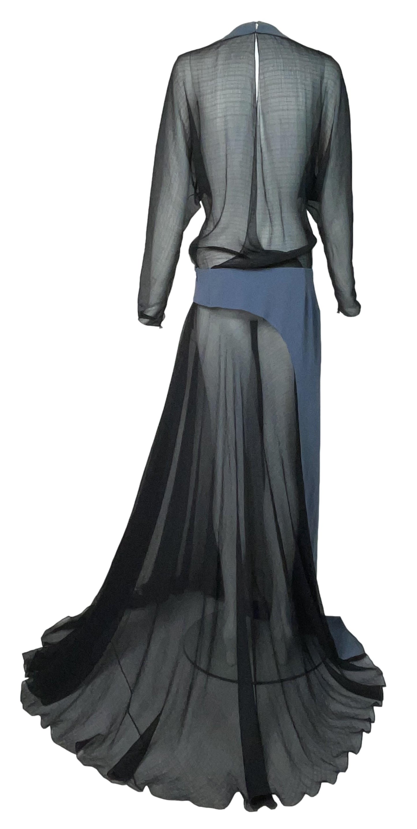 F/W 2012 Balenciaga by Nicolas Ghesquière Sheer Black & Blue Silk Extra Long Maxi Dress