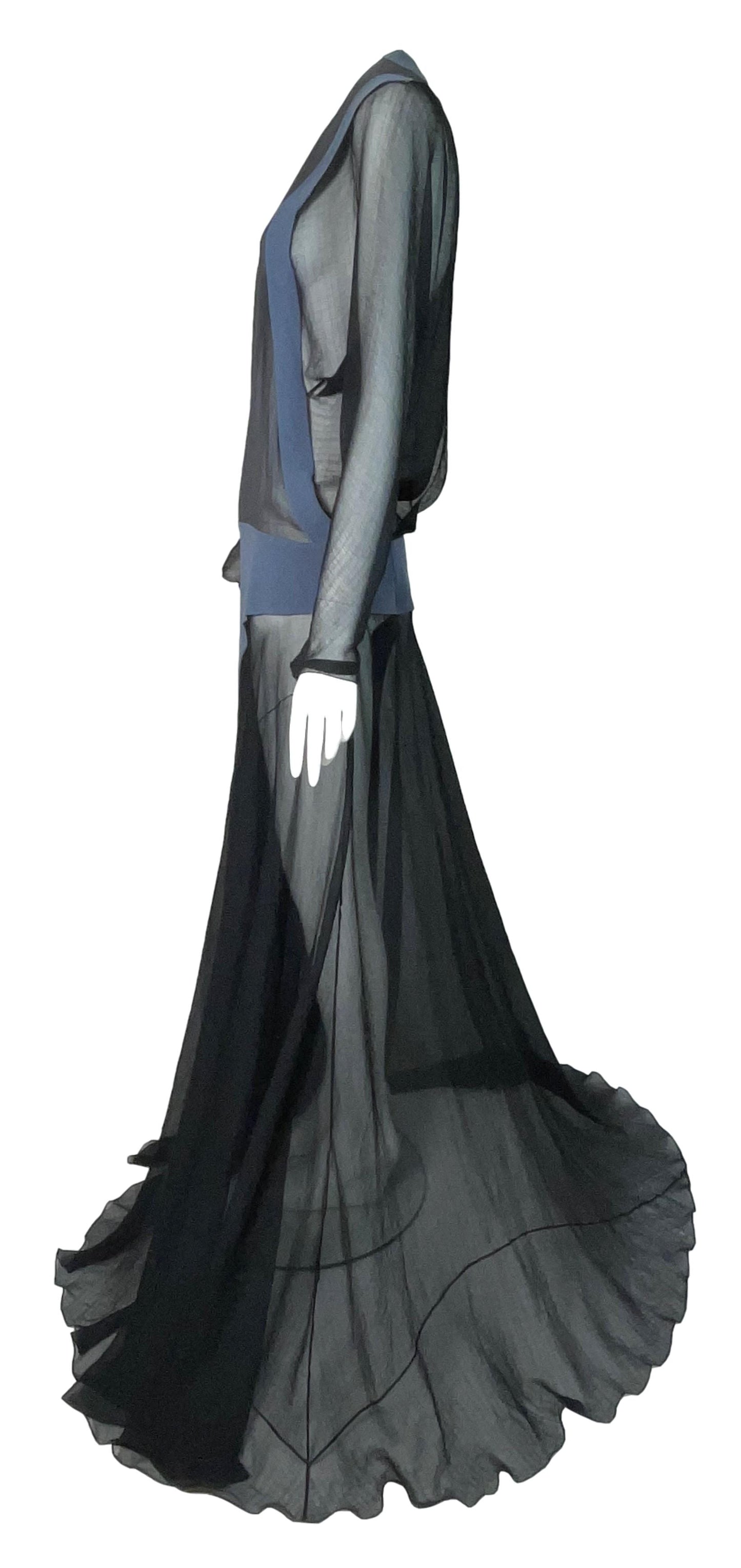 F/W 2012 Balenciaga by Nicolas Ghesquière Sheer Black & Blue Silk Extra Long Maxi Dress