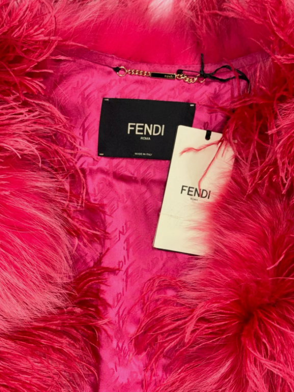 NWT S/S 2022 Fendi Runway Hot Pink Feather & Fox Fur Coat Jacket Dress