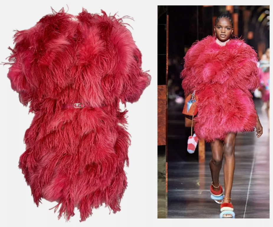 NWT S/S 2022 Fendi Runway Hot Pink Feather & Fox Fur Coat Jacket Dress