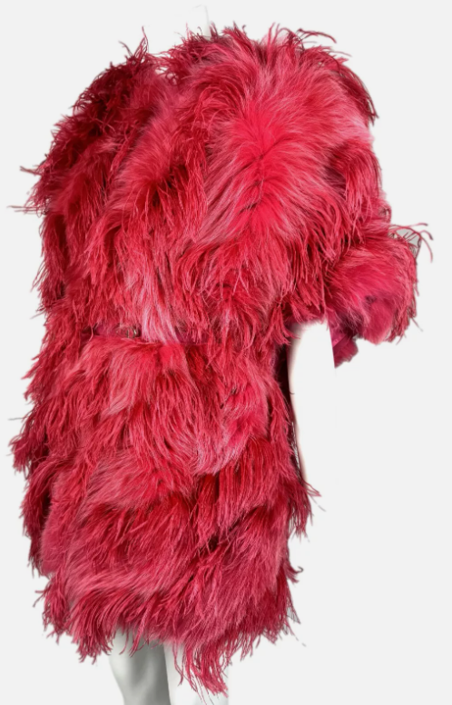NWT S/S 2022 Fendi Runway Hot Pink Feather & Fox Fur Coat Jacket Dress