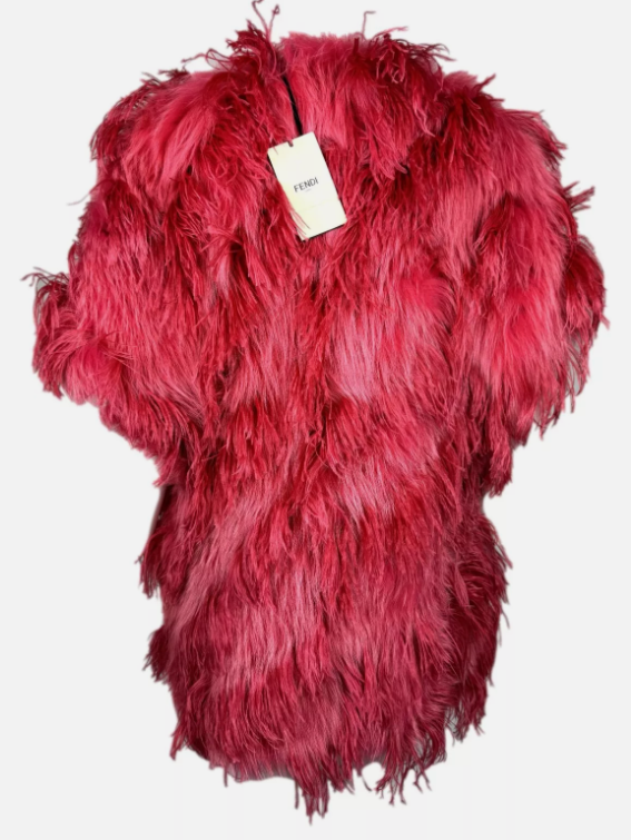 NWT S/S 2022 Fendi Runway Hot Pink Feather & Fox Fur Coat Jacket Dress