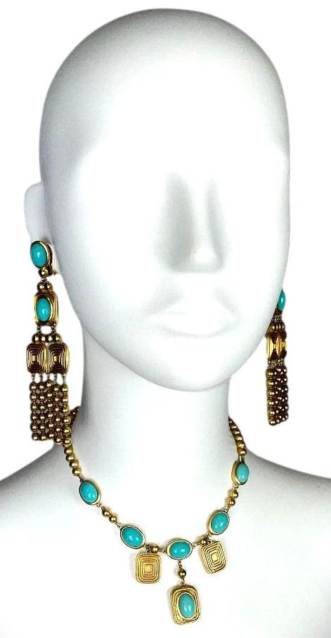 C. 2003 Christian Dior by John Galliano Large Egyptian Gold & Turquoise Earrings & Necklace