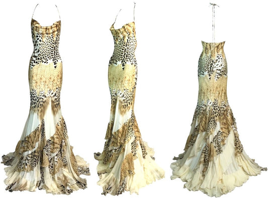 2002 Roberto Cavalli Silk Cheetah & Crocodile Print Ruffles Halter Gown Dress