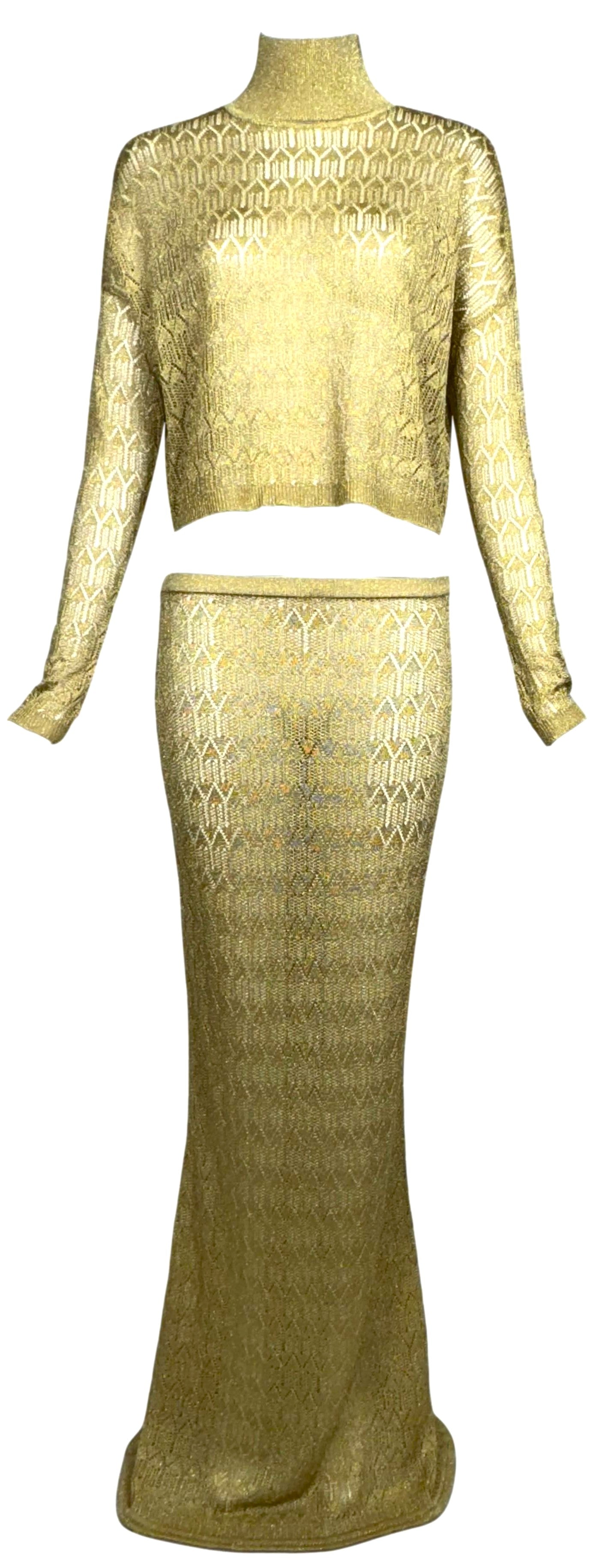 F/W 2000 Christian Dior by John Galliano Gold Knit L/S Crop Top & Mermaid Maxi Skirt Set
