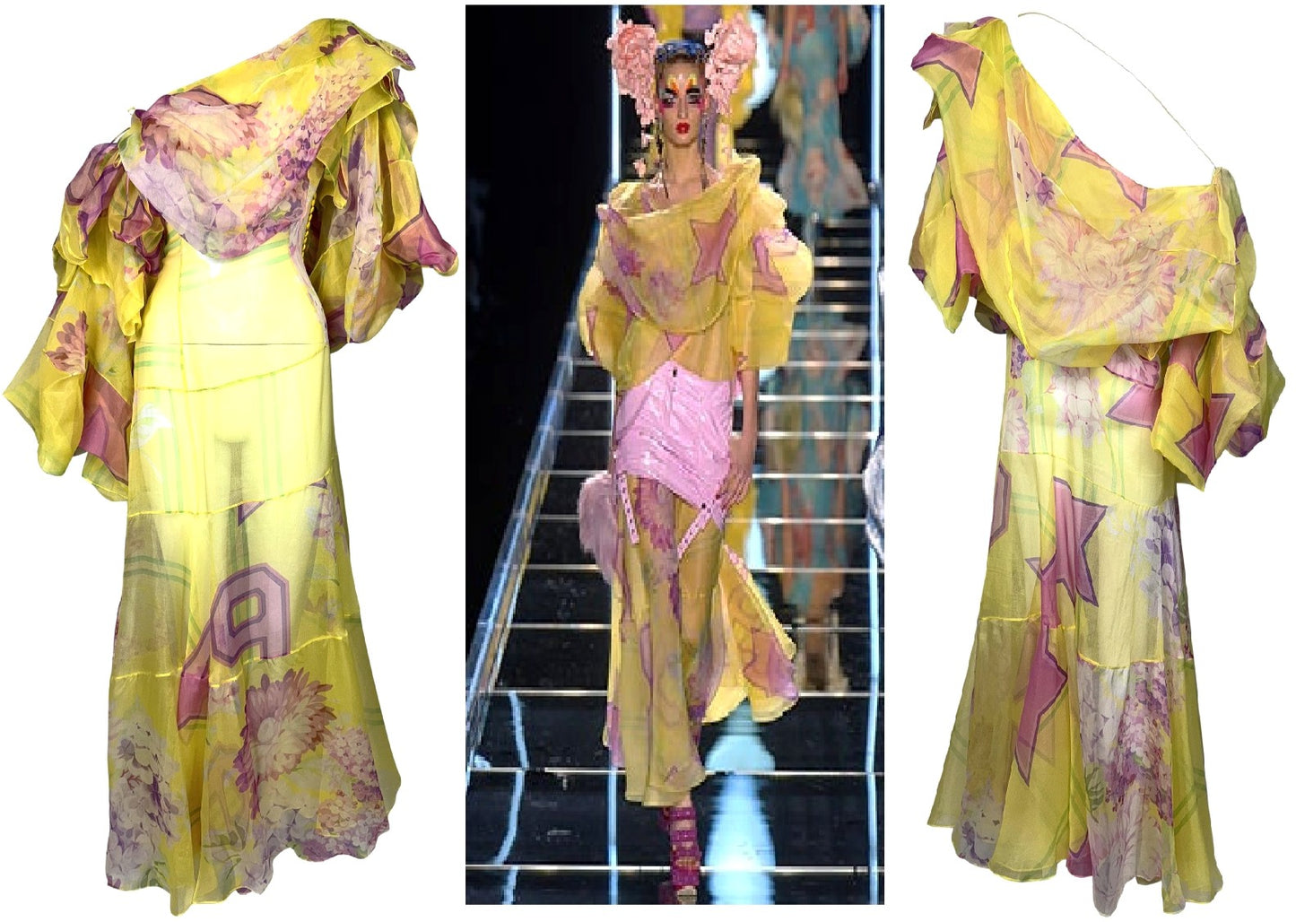 F/W 2003 Christian Dior by John Galliano Runway Harajuku Off Shoulder Sheer Yellow Silk & Pink Maxi Dress