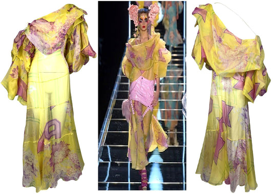 F/W 2003 Christian Dior by John Galliano Runway Harajuku Off Shoulder Sheer Yellow Silk & Pink Maxi Dress