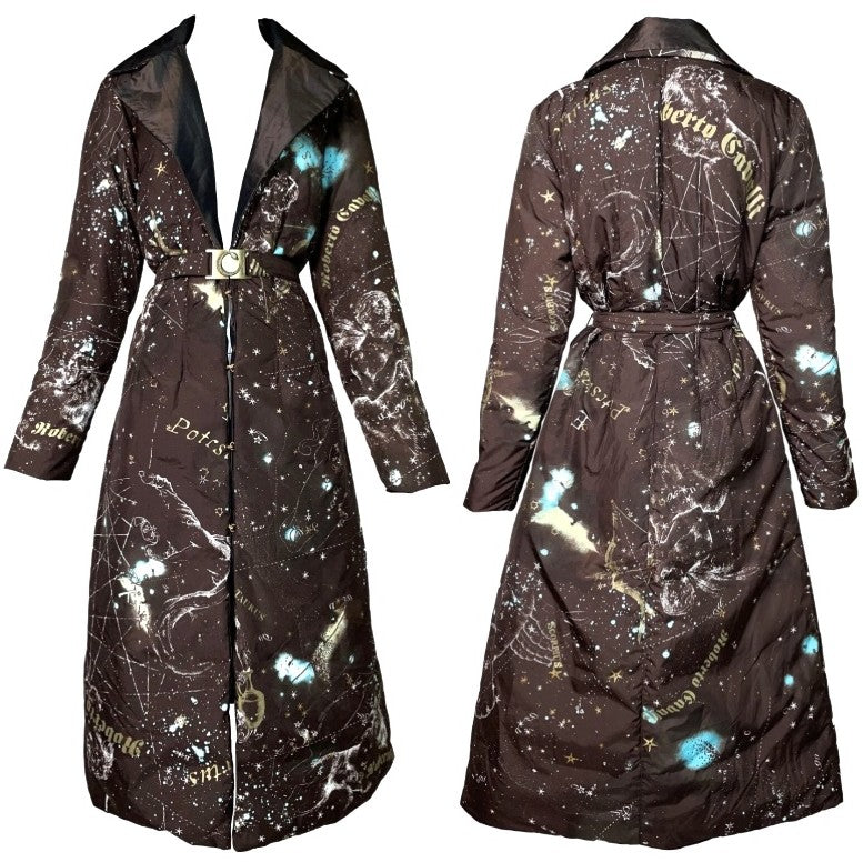 2003 Roberto Cavalli Brown Silk Zodiac Astrology Long Reversible Puffer Coat