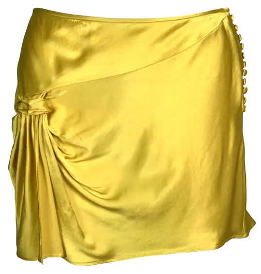 S/S 2004 Christian Dior by John Galliano 1940's Style Gold Satin Ruched Slit Mini Skirt