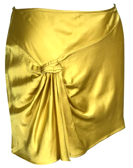 S/S 2004 Christian Dior by John Galliano 1940's Style Gold Satin Ruched Slit Mini Skirt
