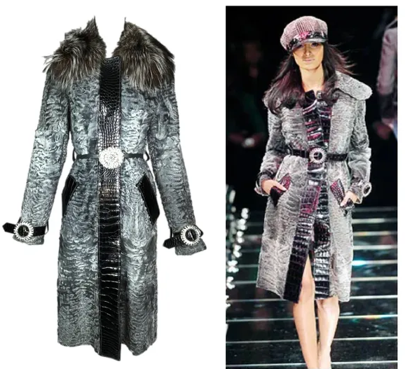 F/W 2005 Dolce & Gabbana Runway Silver Broadtail Fox Fur & Crocodile Long Crystal Coat