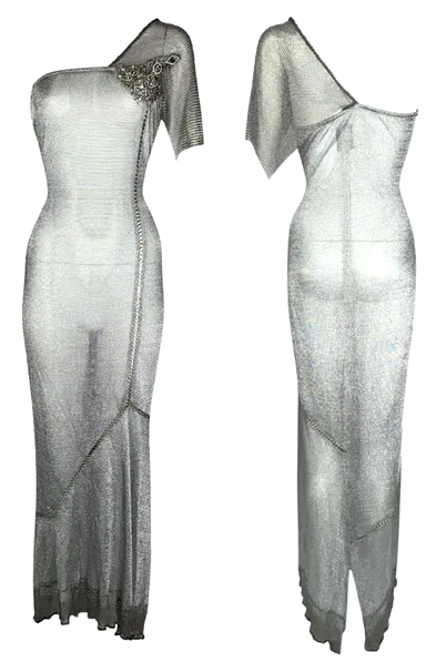 F/W 1998 Gianfranco Ferre Joan of Arc Chainmail Silver Knit Embellished Mermaid Gown Dress